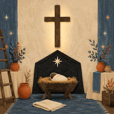 Baby Jesus Manger in Modest Church Hall