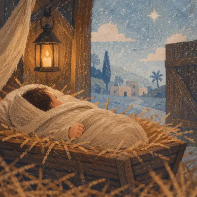 Baby Jesus Resting in Straw Manger