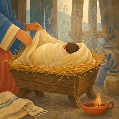 Baby Jesus in Golden Straw Manger