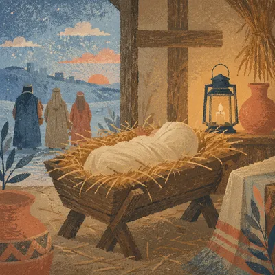 Baby Jesus in Straw Manger at Dawn