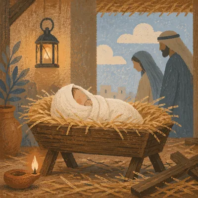 Baby Jesus in Straw Manger at Dawn