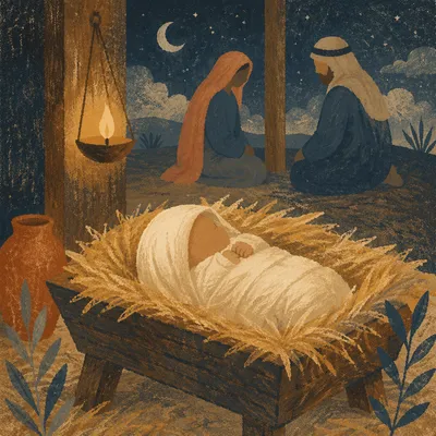 Baby Jesus in Straw Manger at Blue Hour