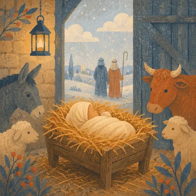 Baby Jesus in Manger at Winter Dawn