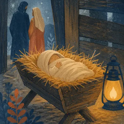 Baby Jesus in Straw Manger at Dusk