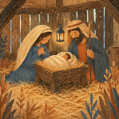 Rustic Manger with Baby Jesus at Dawn