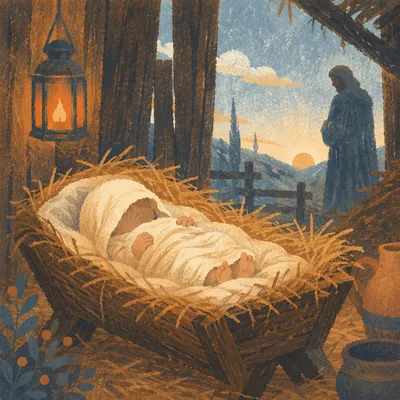 Baby Jesus in Straw Manger at Dawn
