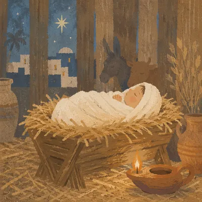 Baby Jesus Resting in Straw Manger