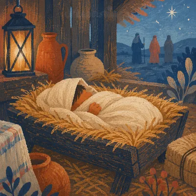 Baby Jesus in Straw Manger at Dawn