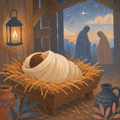 Baby Jesus in Straw Manger at Dawn