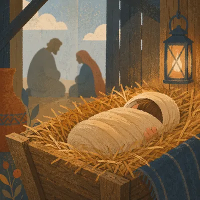 Baby Jesus in Straw Manger at Dawn