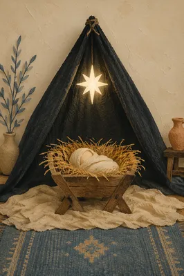 Rustic Church Nativity Manger with Glowing Star