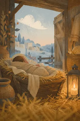 Baby Jesus in Manger at Winter Dawn