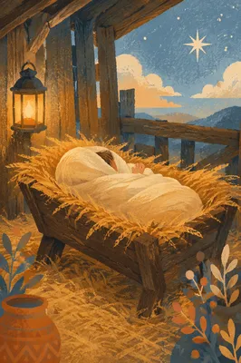 Baby Jesus Resting in Wooden Manger