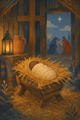 Baby Jesus in Straw Manger at Dusk