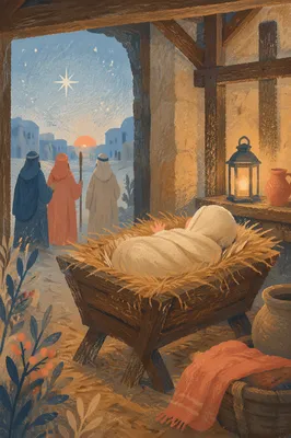 Baby Jesus in Straw Manger at Dawn