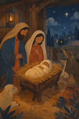 Baby Jesus in Straw Manger at Dusk
