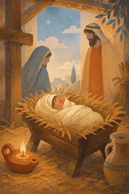 Baby Jesus in Straw Manger at Dawn