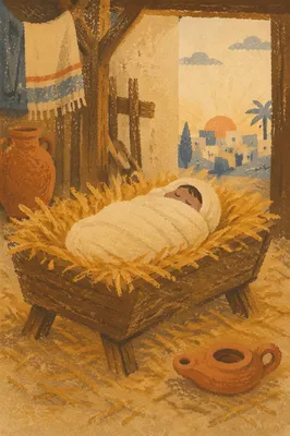 Baby Jesus in Straw Filled Manger