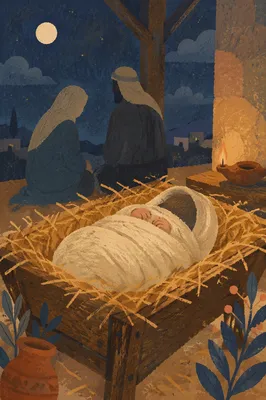Peaceful Baby Jesus in Straw Manger