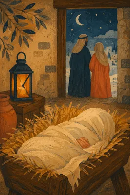 Peaceful Baby Jesus in Straw Manger
