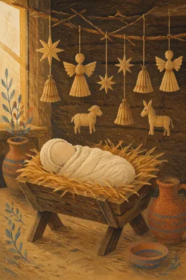 Baby Jesus Manger with Straw Ornaments