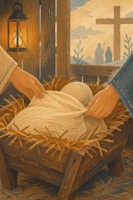 Baby Jesus in Straw Manger at Dawn