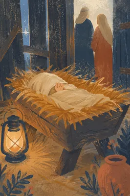 Baby Jesus in Straw Manger at Dusk