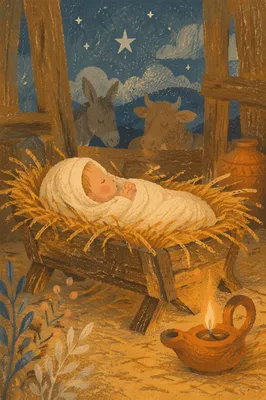 Baby Jesus in Straw Manger at Dusk