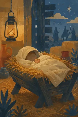 Baby Jesus in Manger at Dawn