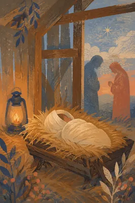 Baby Jesus in Manger at Dawn