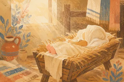 Baby Jesus Resting in Straw Manger