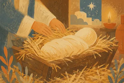 Baby Jesus Resting in Rustic Manger