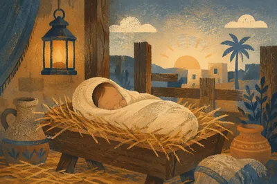 Baby Jesus Resting in Straw Manger