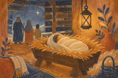 Baby Jesus Resting in Straw Manger