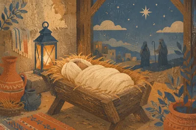 Peaceful Baby Jesus in Straw Manger