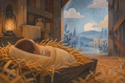 Baby Jesus in Straw Manger at Dawn