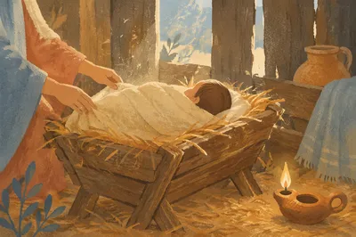 Baby Jesus in Rustic Manger at Dawn