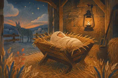 Baby Jesus in Straw Filled Manger