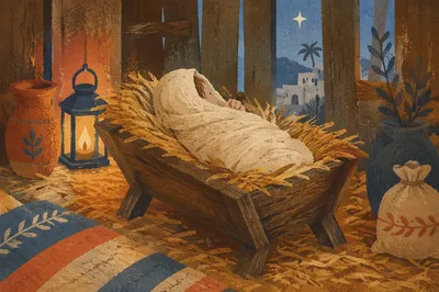 Baby Jesus Resting in Straw Manger