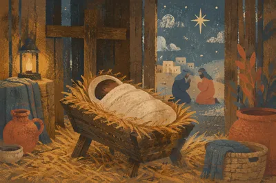 Baby Jesus in Manger at Winter Dusk