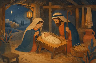 Baby Jesus in Straw Manger at Dusk