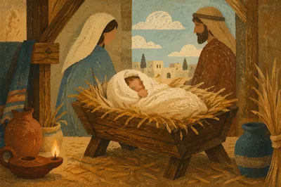 Baby Jesus in Manger at Winter Dawn