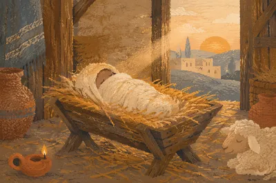Baby Jesus in Straw Manger at Dawn