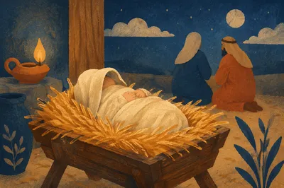 Peaceful Baby Jesus in Straw Manger