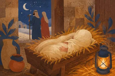 Peaceful Baby Jesus in Straw Manger