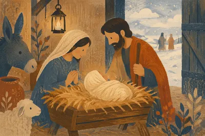 Baby Jesus in Straw Manger at Dawn