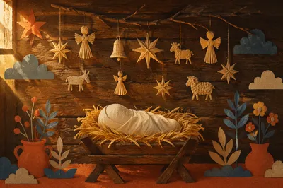 Rustic Nativity Manger with Straw Ornaments