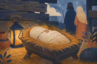 Baby Jesus in Straw Manger at Dusk