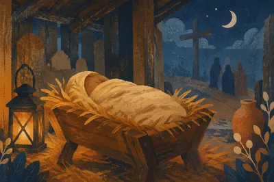 Baby Jesus in Manger at Moonlit Stable
