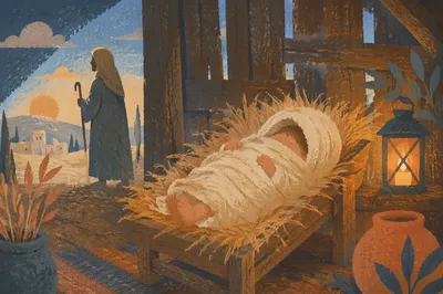 Baby Jesus in Straw Manger at Dawn